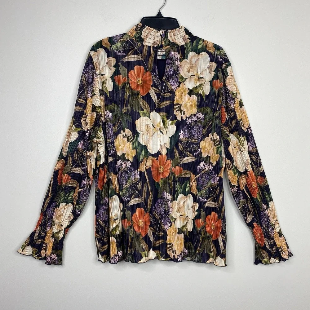 Chico's Womens 4 XXL Dark Purple Floral Pleated Blouse Long Sleeve Mock Neck Top - Picture 9 of 16